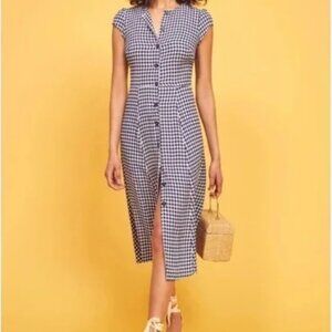 Reformation Navy White Gingham Midi Dress Size 6 Small Med Spring Summer Fauna